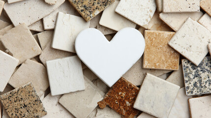 White heart shaped tile surrounded by various square construction tiles, neutral tones, stone texture, top view, creative arrangement, love concept, interior design inspiration