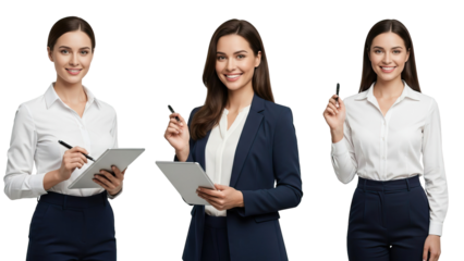 Three businesswomen in white shirts and navy blue pants or blazer holding tablets and pens smiling at the camera against a isolated on white transparent png background download