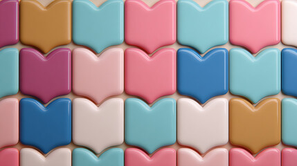 Colorful heart shaped tiles in pastel shades of pink, blue, cream, and gold create seamless geometric pattern, evoking playful and cheerful atmosphere for modern interior design