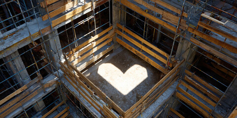 Heart shaped shadow construction site wooden planks metal scaffolding sunlight geometric pattern urban building emotional architecture concrete floor sunset