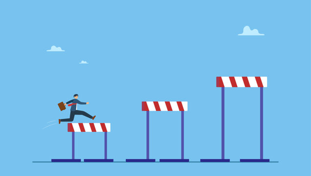 Ambitious businessman jump over hurdles to find higher obstacles. Business challenge, overcome difficulty or obstacle to achieve business success, effort, skill or aspiration to solve problem.