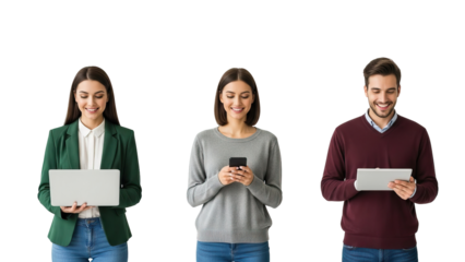 Three people standing and using digital devices on black background isolated on white transparent png background download