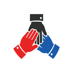 Vector  of three diverse hands together joining. Symbol of teamwork, business partnership. Icon of participation new concept