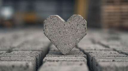 Heart shaped concrete block stands on gray concrete blocks, symbolizing strength and love in construction, industrial design, and creative architecture, with blurred background for focus