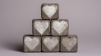 Concrete block heart shape stack gray construction love symbol soft texture pyramid smooth industrial material arrangement geometric design romantic creative