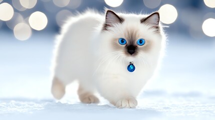 Fototapeta premium Adorable Ragdoll kitten with bright blue eyes and collar sitting on white surface with bokeh lights background for pet photography and holiday themes.