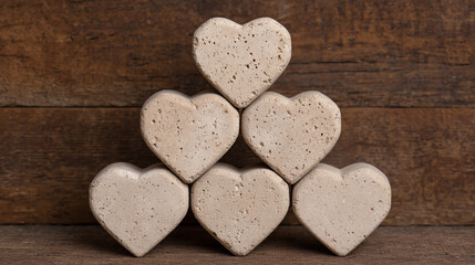 Heart shaped concrete blocks arranged in pyramid on rustic wooden background, symbolizing love, strength, and unity with soft, natural texture and neutral color tones