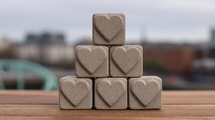 Heart shaped concrete blocks stacked in pyramid on wooden surface, urban background softly blurred, symbolizing love, strength, and unity in construction