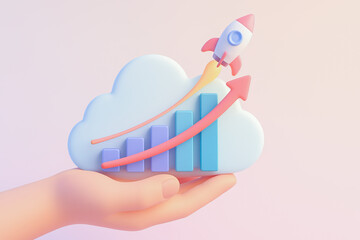 Hand holding cloud with bar chart upward arrow and rocket symbolizing business growth cloud computing and innovation in modern pastel 3D illustration conveying optimism and progress