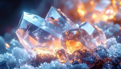 Pile of crystals on dark background with bright light shining through the.