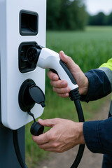 Electric vehicle charging station with person connecting charging cable outdoors, showing clean energy technology and sustainable transportation in rural environment