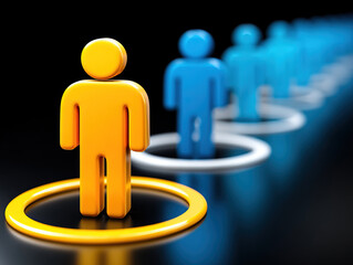 Orange figure stands out among blue figures in row, each within ring, symbolizing individuality, leadership, and uniqueness in group, with focus on personal identity