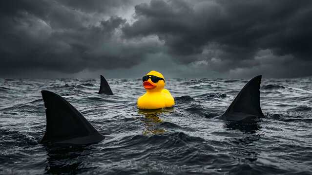 Cool yellow rubber duck wearing sunglasses confidently floats in turbulent dark ocean waves surrounded by menacing shark fins under a stormy sky