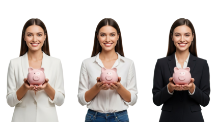 Three women holding pink piggy banks wearing different outfits isolated on white transparent png background download