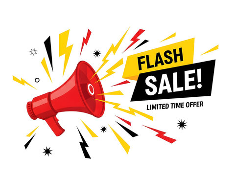 Dynamic red megaphone announcing an urgent flash sale with electrifying lightning bolts, representing a powerful and exciting limited time marketing promotion for incredible discounts.