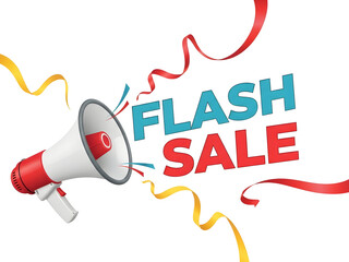 Dynamic flash sale announcement with a vibrant megaphone spreading urgency and excitement for limited-time retail promotions and exclusive online shopping discounts.