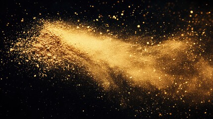 Golden powder explosion on black background, abstract design for commercial use