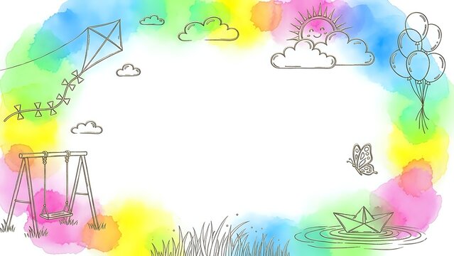 Colorful watercolor frame with playground swing, kite, balloons, paper boat and butterfly creating cheerful border for children content and spring designs.