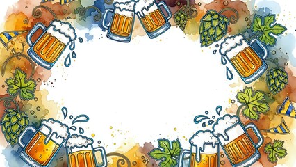 Watercolor beer mugs and hops frame with white center space for text, perfect for Oktoberfest celebrations, brewery promotions and beverage advertising designs.