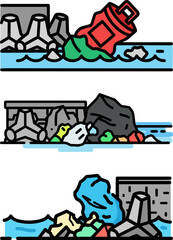 Polluted water scene showing trash including plastic, stones, and debris affecting the environment in a landscape setting, highlighting the ecology crisis, on a transparent background
