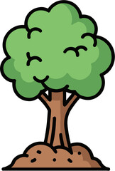 Cartoon tree growing in soil with a brown trunk and lush green foliage, symbolizing nature's beauty on a transparent background, promoting environmental awareness and ecology.