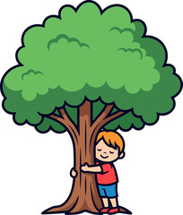 Child hugging a tree in a vibrant green environment, illustrating a connection to nature and promoting ecological awareness on a transparent background
