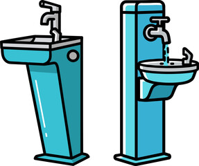 Stylish blue water fountain and sink design with flowing water, isolated on a transparent background, showcasing modern aesthetics in an eco-friendly setting.