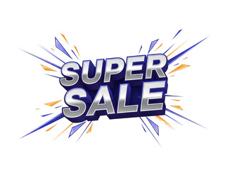 Dynamic super sale announcement with bold 3D lettering and an energetic burst effect designed to capture immediate attention for retail promotions and special discount offers online.