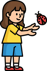 Young girl is joyfully playing and interacting with a ladybug while standing outdoors in a bright sunny setting, isolated on a transparent background, showcasing innocence and nature.