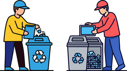 Two young individuals engaging in recycling activities, one discarding items into a blue recycling bin, while the other sorts materials in a bright outdoor setting.