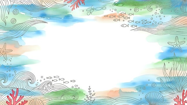 Watercolor ocean frame with coral reef elements and marine life creating decorative border on white background for summer designs and coastal themes.