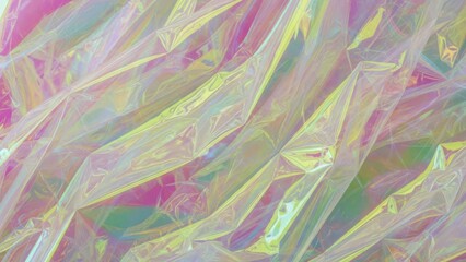 Wrinkled holographic iridescent film with varying shades of pink yellow and green