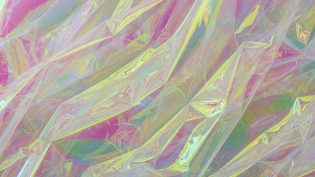 Wrinkled holographic iridescent film with varying shades of pink yellow and green - Powered by Adobe