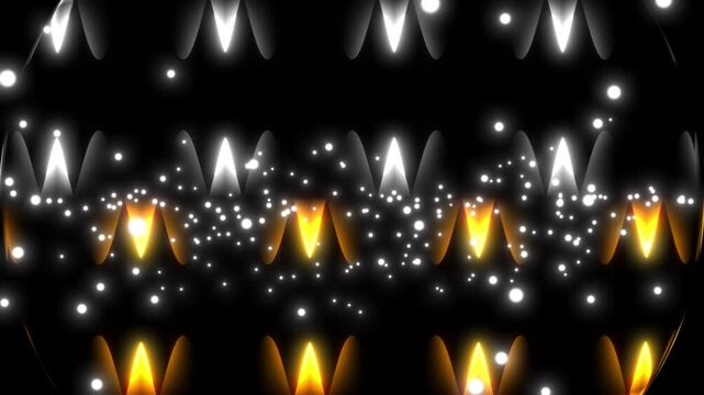 Abstract Digital Background With Repetitive Glowing Orange And White V-shaped Patterns On A Black Backdrop. Shimmering White Particles And Bokeh Dots Float Through The Scene, Creating Dynamic Movement