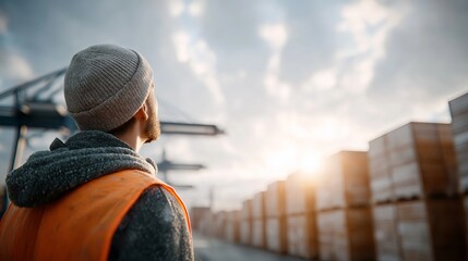 A worker wearing an orange vest and hard hat is standing on the ground, looking at several stacked containers in front of him. In the background, a cargo ship can be seen with cranes lifting boxes 