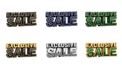A visually striking collection of dynamic 3D exclusive sale text designs in rich metallic gold, silver, blue, and green finishes, perfect for attracting customers to special promotions and limited