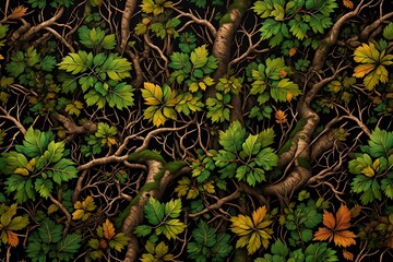 A detailed pattern of intertwining tree branches and vibrant green leaves.