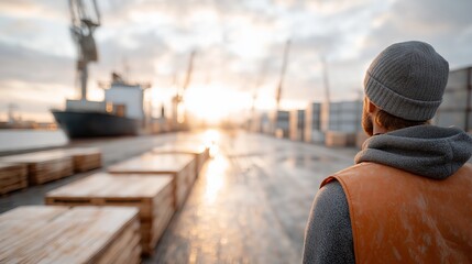 A worker wearing an orange vest and hard hat is standing on the ground, looking at several stacked containers in front of him. In the background, a cargo ship can be seen with cranes lifting boxes 