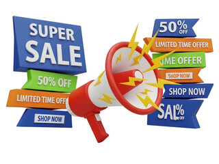 A vibrant 3D rendered megaphone powerfully broadcasts a super sale announcement, surrounded by various prominent discount banners showcasing 50 percent off and limited time offers, prompting swift