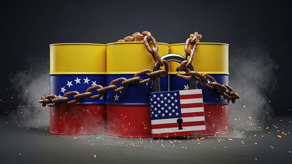 Locked Oil Barrels with American and Venezuelan Flags Symbolizing Energy Trade Restrictions