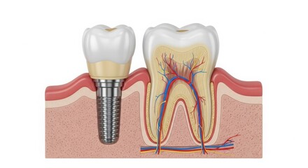 Dental implant versus natural tooth anatomy illustration