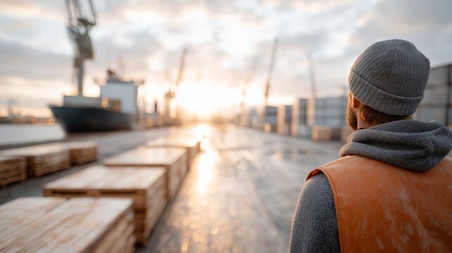 A worker wearing an orange vest and hard hat is standing on the ground, looking at several stacked containers in front of him. In the background, a cargo ship can be seen with cranes lifting boxes - Powered by Adobe
