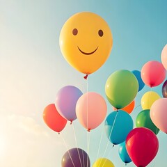 Naklejka premium Smiling Yellow Balloon Floating with Colorful Balloons in Blue Sky