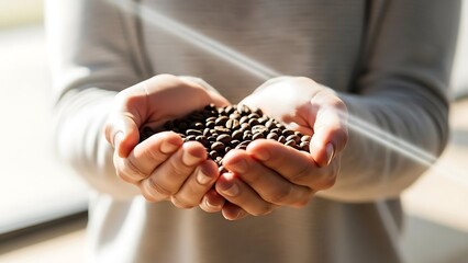 Person holding a handful of coffee beans in their cupped hands closeup
