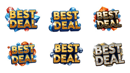 Dynamic best deal golden text labels featuring an exciting assortment of sparkling gemstones and brilliant faceted crystals ideal for captivating promotional discounts and exclusive sale