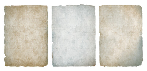 Set of old aged paper pages, vintage rough background texture, grunge gray beige tones, distressed blank sheets isolated for design