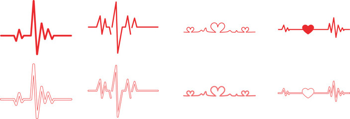 Heart Rhythm Icon set. Electrocardiogram, ECG - EKG signal, Heart Beat pulse line concept design element. Heartbeat line, pulse, cardiogram, medical health care, heart rhythm, red outline vector.