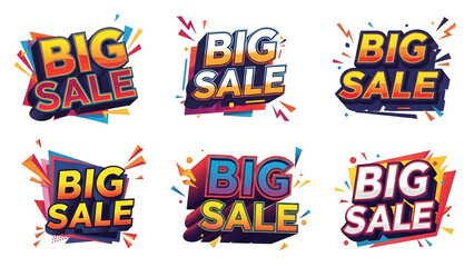 Vibrant collection of Big Sale marketing graphics. Features dynamic typography, colorful geometric shapes, and energetic burst effects. Perfect for digital advertising, retail promotions,