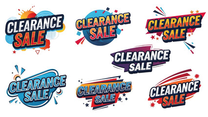 A vibrant collection of clearance sale marketing banners and special offer labels featuring modern typography and dynamic graphic elements, ideal for digital promotions and retail store advertising