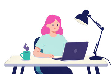 Fototapeta premium Young woman working on laptop with steaming coffee nearby